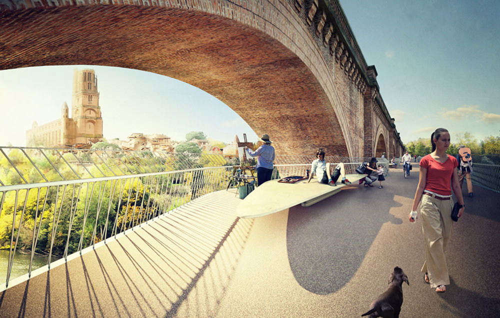 Perspective depuis la passerelle vue sur la cathédrale d'albi en fond